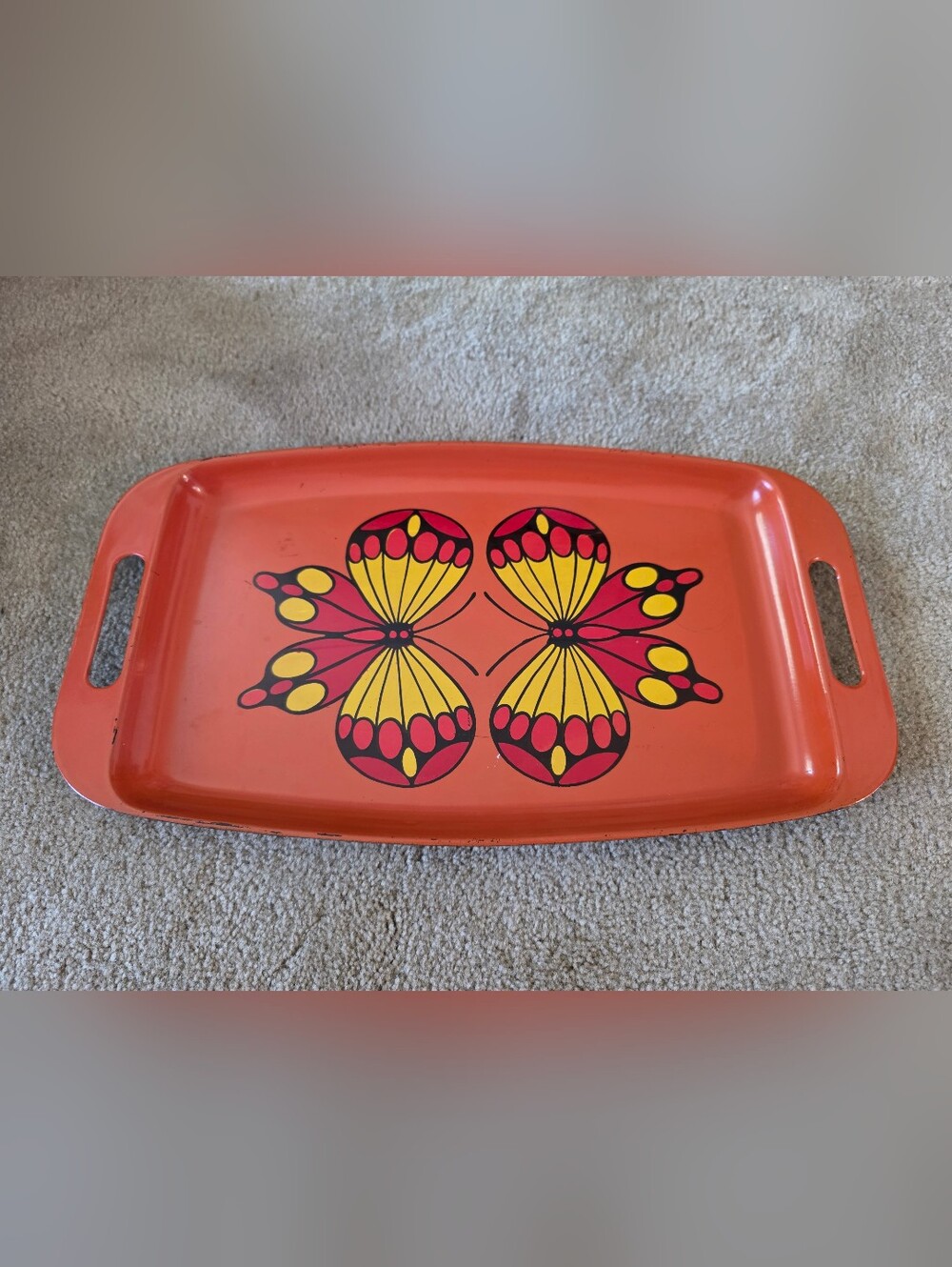 Vintage | 1970s serving tray |vibrant orange color and a mirrored butterfly. Guc